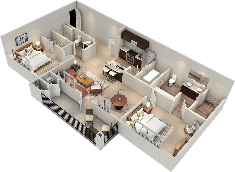 Floor plan for 2 beds, 2 baths, 1077 sqft