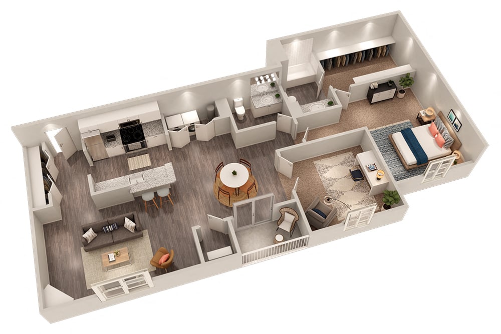 Floor plan for 1 bed, 1.5 baths, 1028 sqft