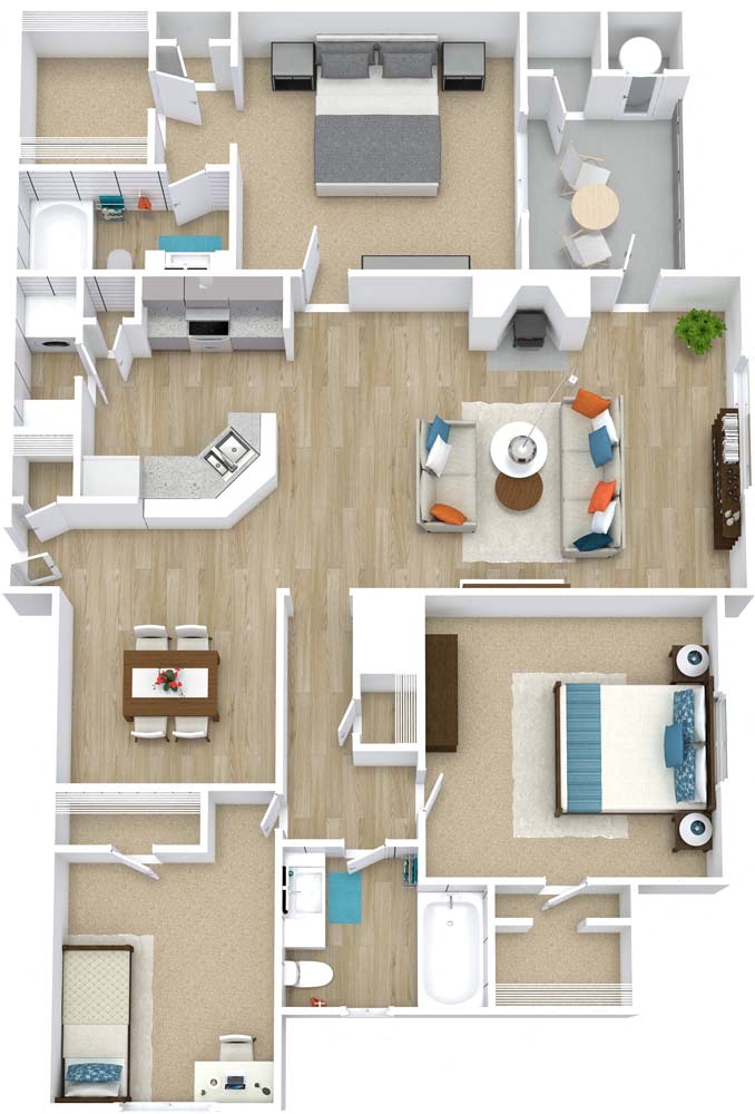 Floor plan for 3 beds, 2 baths, 1410 sqft