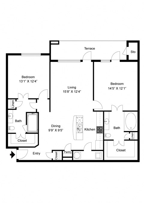 Floor plan for 2 beds, 2 baths, 1267 sqft