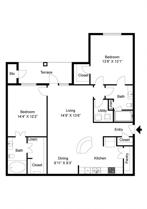 Floor plan for 2 beds, 2 baths, 1216 sqft