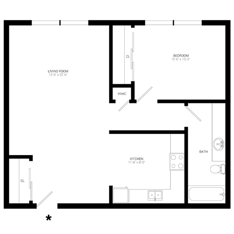Floor plan for 1 bed, 1 bath, 600 sqft