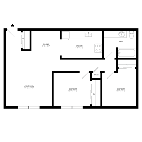 Floor plan for 2 beds, 1 bath, 790 sqft