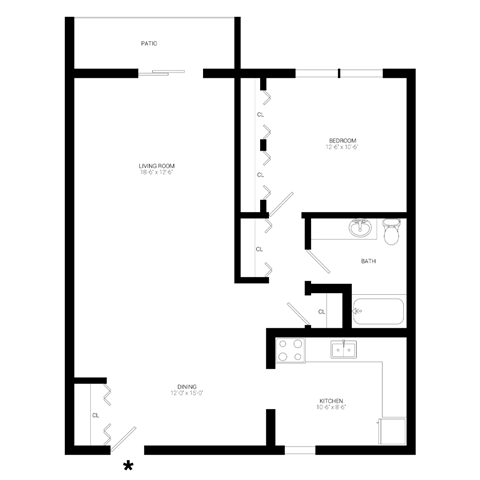 Floor plan for 1 bed, 1 bath, 880 sqft