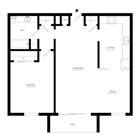 Floor plan for 1 bed, 1 bath, 915 sqft