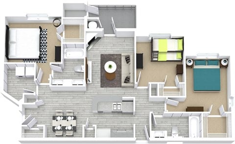 Floor plan for 3 beds, 2 baths, 1384 sqft