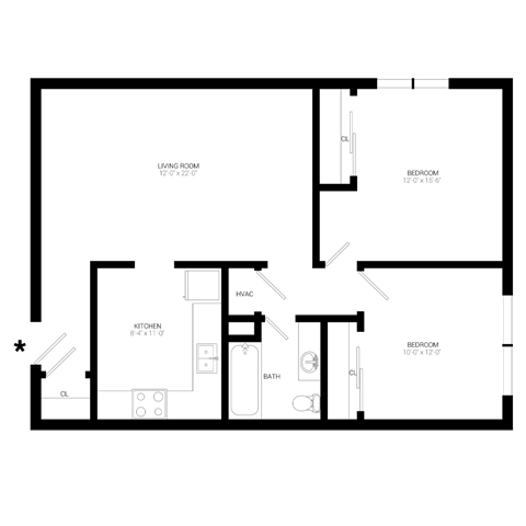 Floor plan for 2 beds, 1 bath, 880 sqft