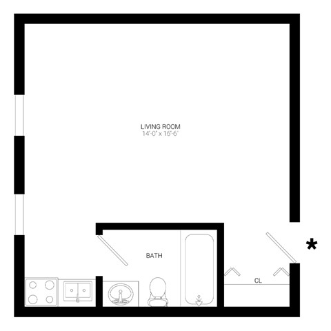 Floor plan for studio, 1 bath, 340 sqft