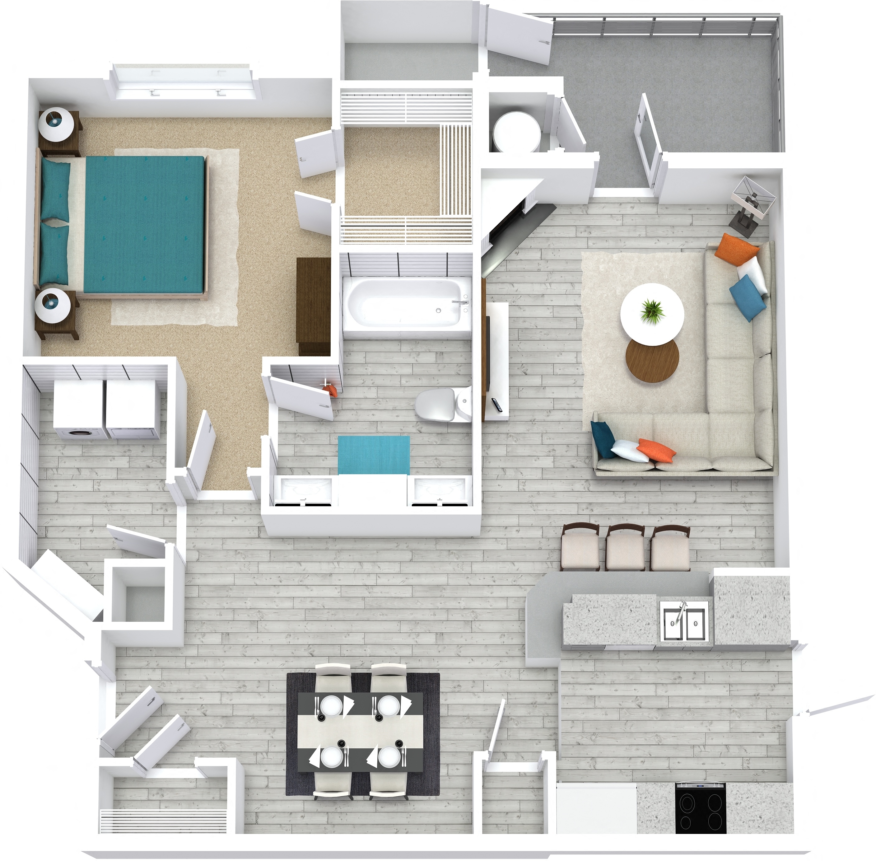 Floor plan for 1 bed, 1 bath, 843 sqft