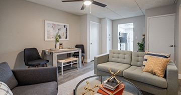 Tempe apartment for rent - A living room with a grey couch, a black chair, and a coffee table with a book and a pair of glasses on it.