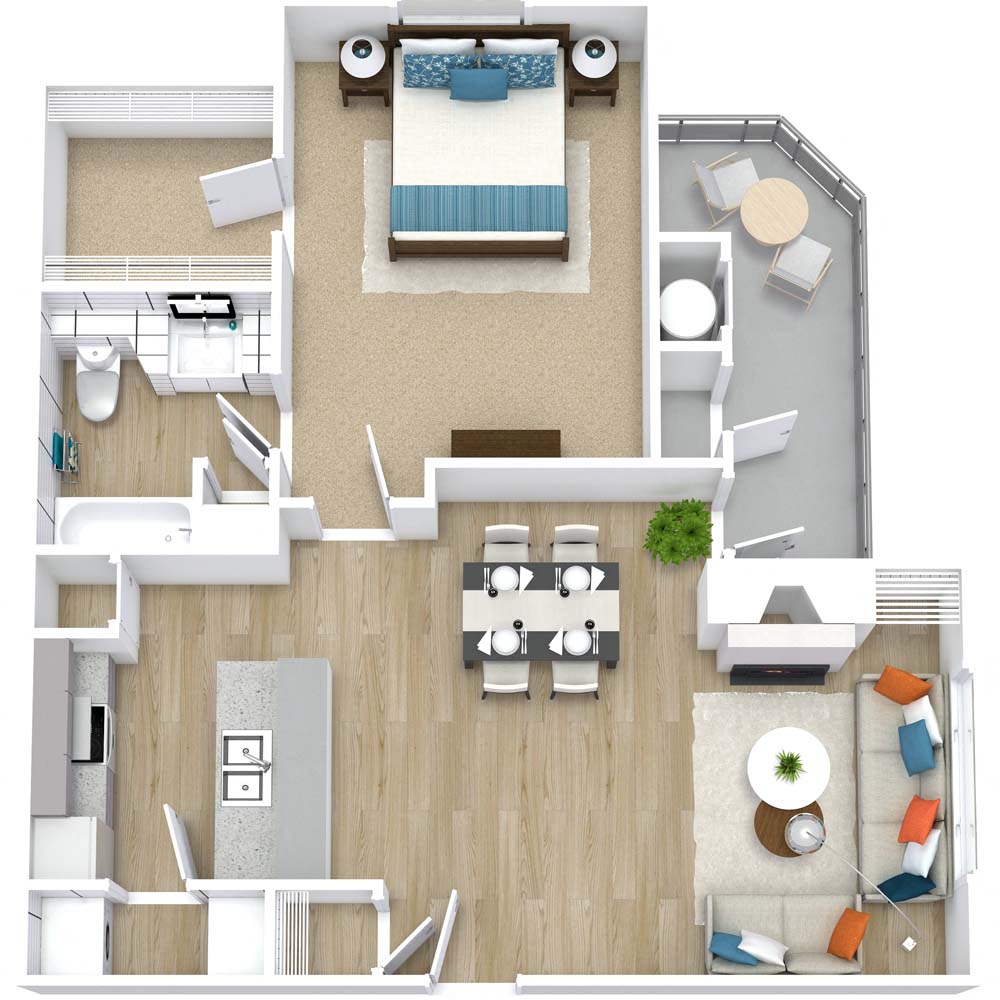 Floor plan for 1 bed, 1 bath, 895 sqft