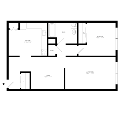 Floor plan for 1 bed, 1 bath, 775 sqft