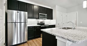 Papillion apartment for rent - a kitchen with a marble counter top and a refrigerator
