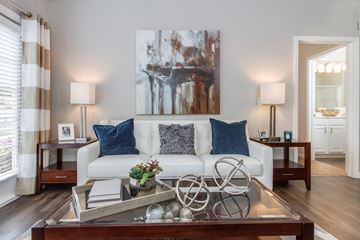 Tampa apartment for rent - A living room with a white couch, a coffee table, and a large painting on the wall.