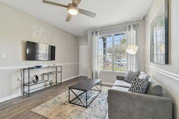Brandon apartment for rent - A living room with a grey couch and a black coffee table.
