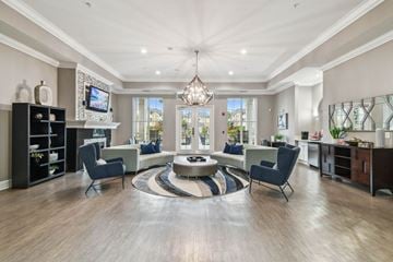 Tampa apartment for rent - A spacious living room with a central circular rug and a television mounted on the wall.