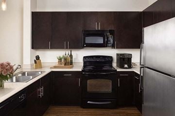 Richardson apartment for rent - A kitchen with black cabinets and appliances.