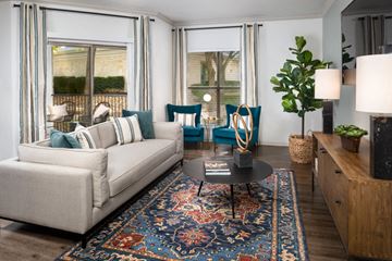 Austin apartment for rent - A living room with a white couch and a rug.