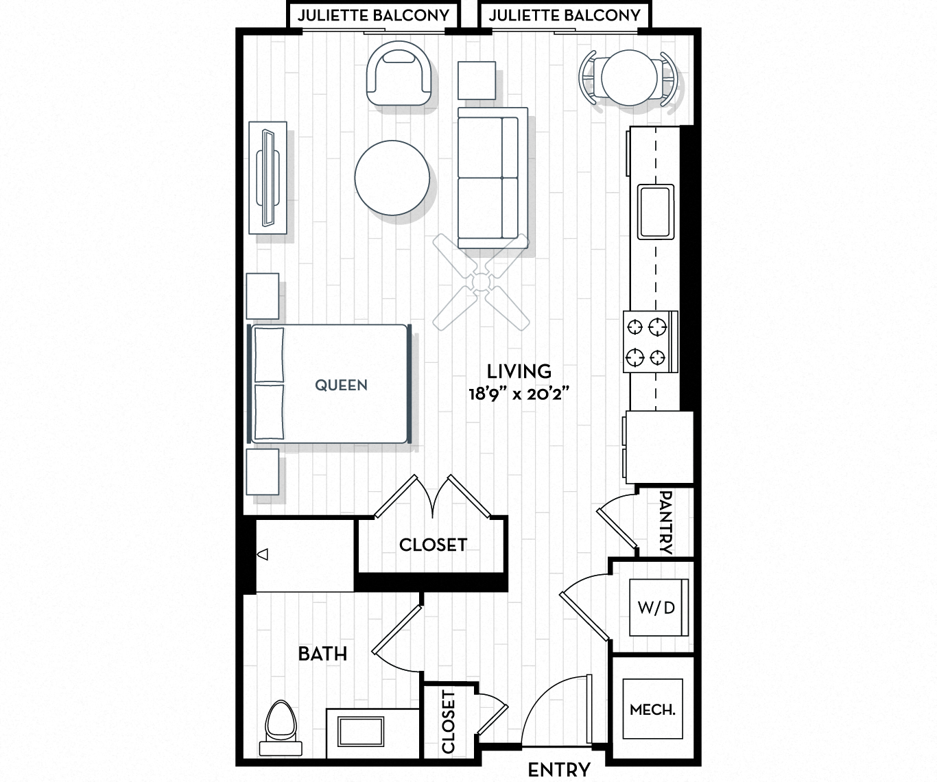 Floor plan for studio, 1 bath, 616 sqft