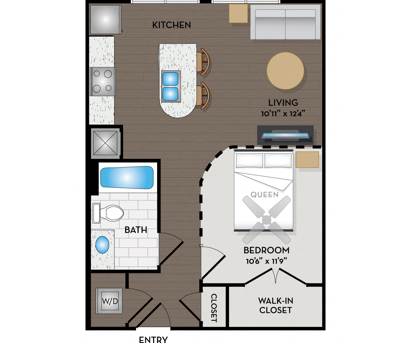 Floor plan for 1 bed, 1 bath, 597 sqft