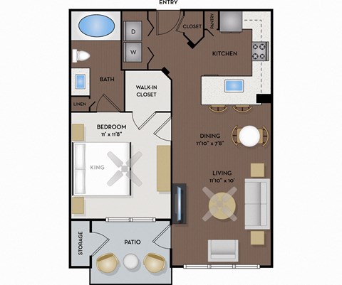 Floor plan for 1 bed, 1 bath, 627 sqft