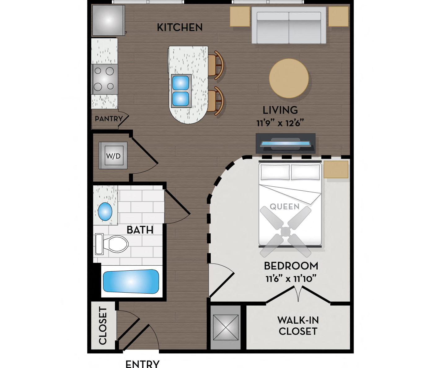 Floor plan for 1 bed, 1 bath, 642 sqft