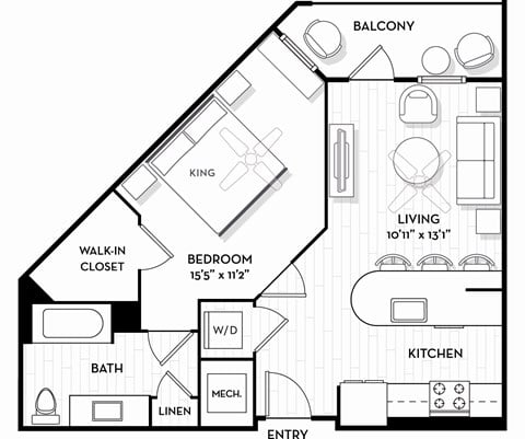 Floor plan for 1 bed, 1 bath, 775 sqft