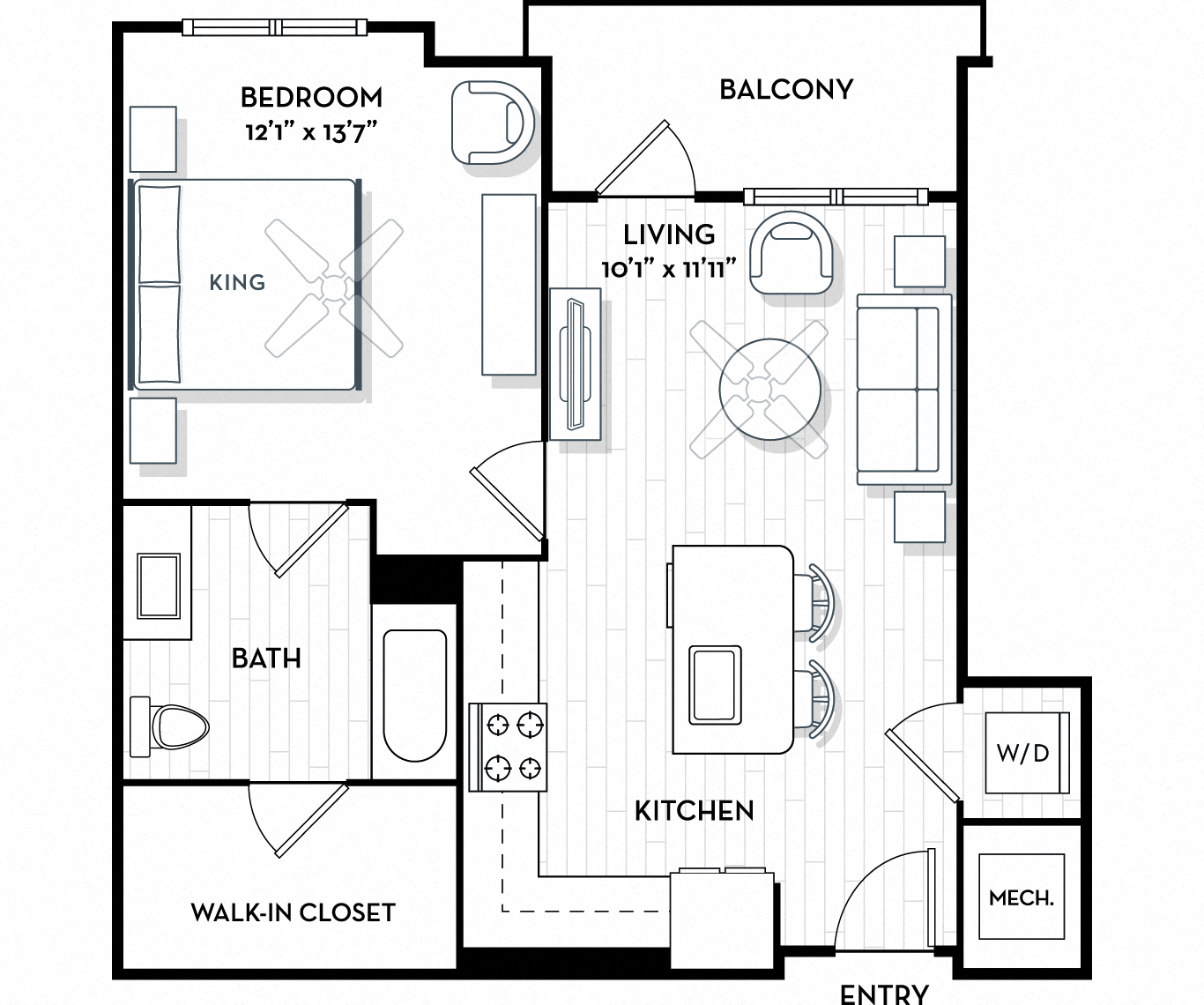 Floor plan for 1 bed, 1 bath, 753 sqft