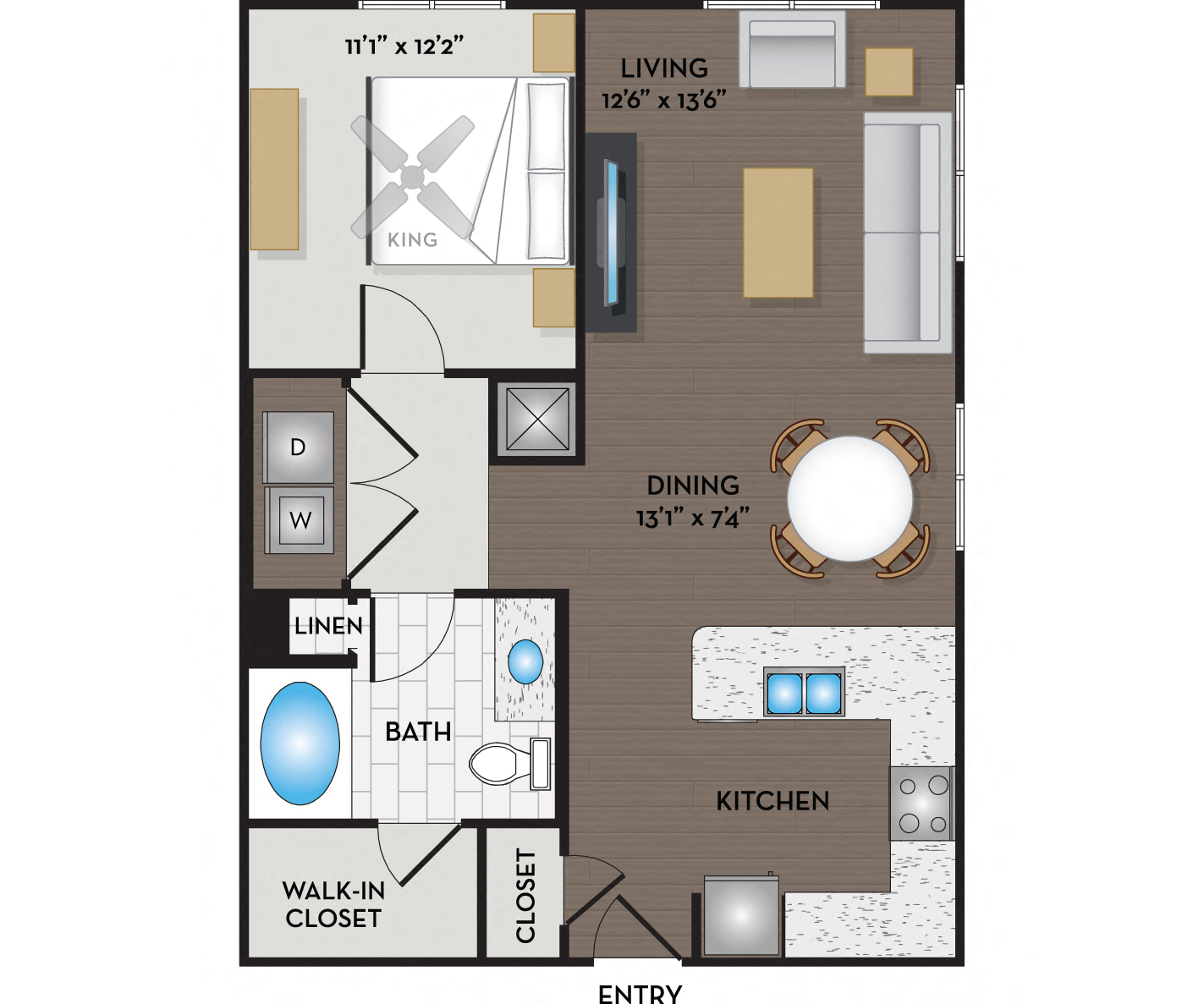 Floor plan for 1 bed, 1 bath, 800 sqft