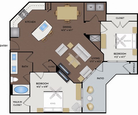 Floor plan for 2 beds, 2 baths, 1198 sqft