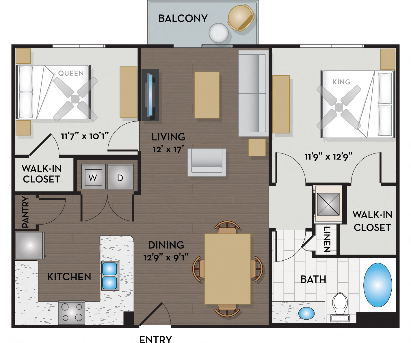 Floor plan for 2 beds, 1 bath, 973 sqft