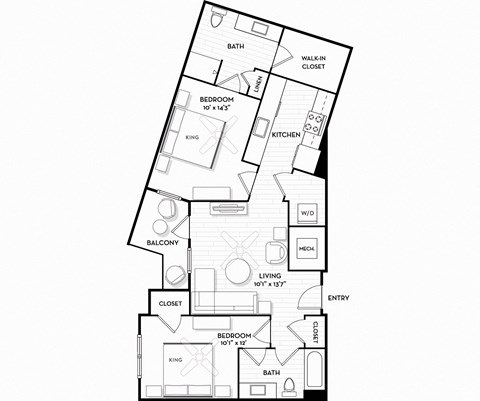 Floor plan for 2 beds, 2 baths, 1186 sqft