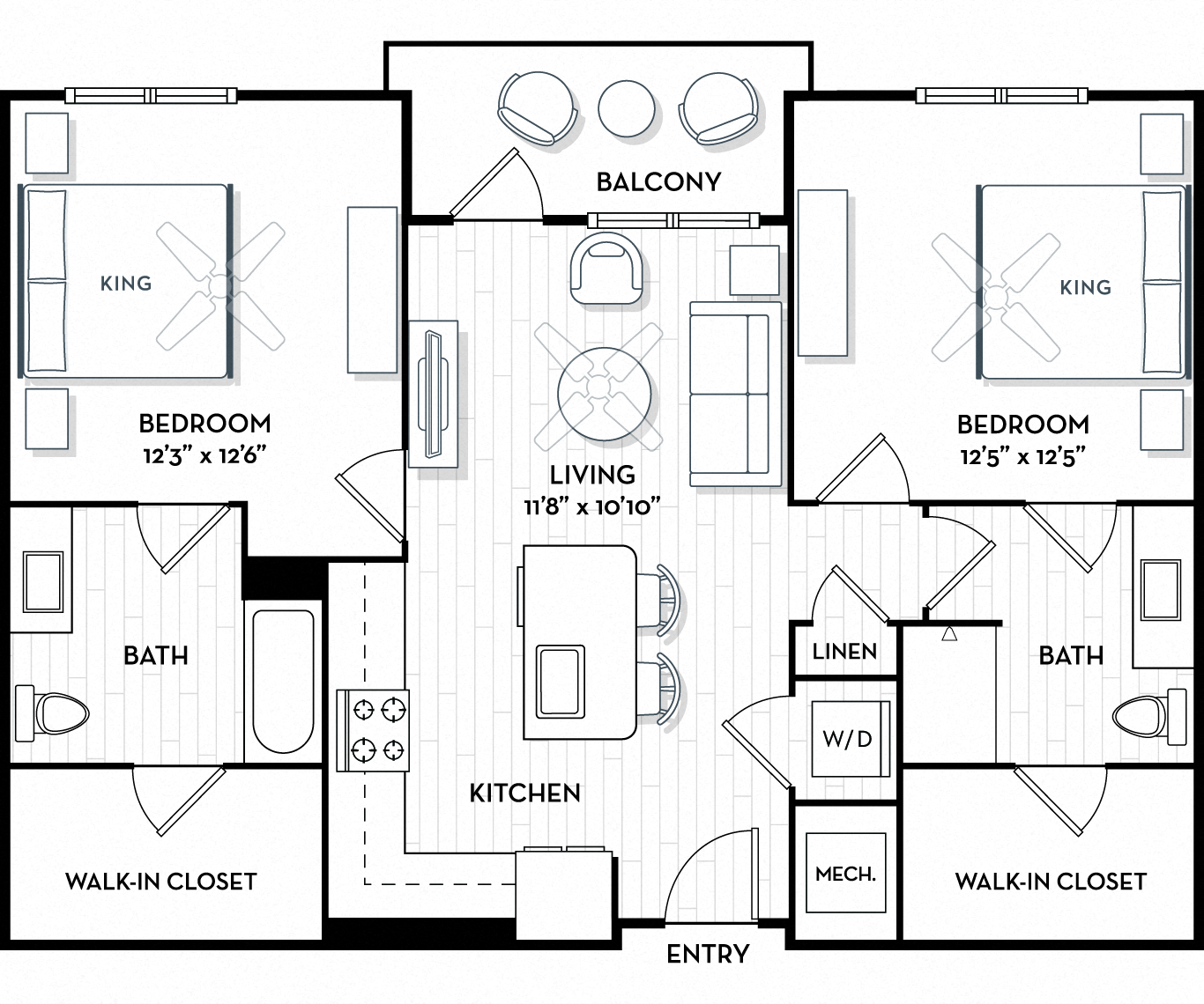 Floor plan for 2 beds, 2 baths, 1116 sqft