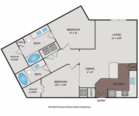 Floor plan for 2 beds, 2 baths, 1152 sqft