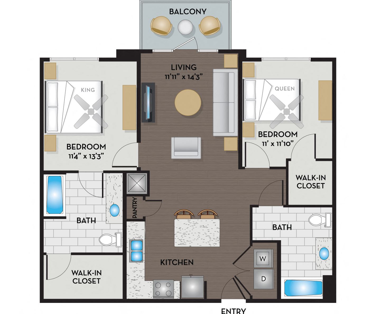 Floor plan for 2 beds, 2 baths, 1120 sqft