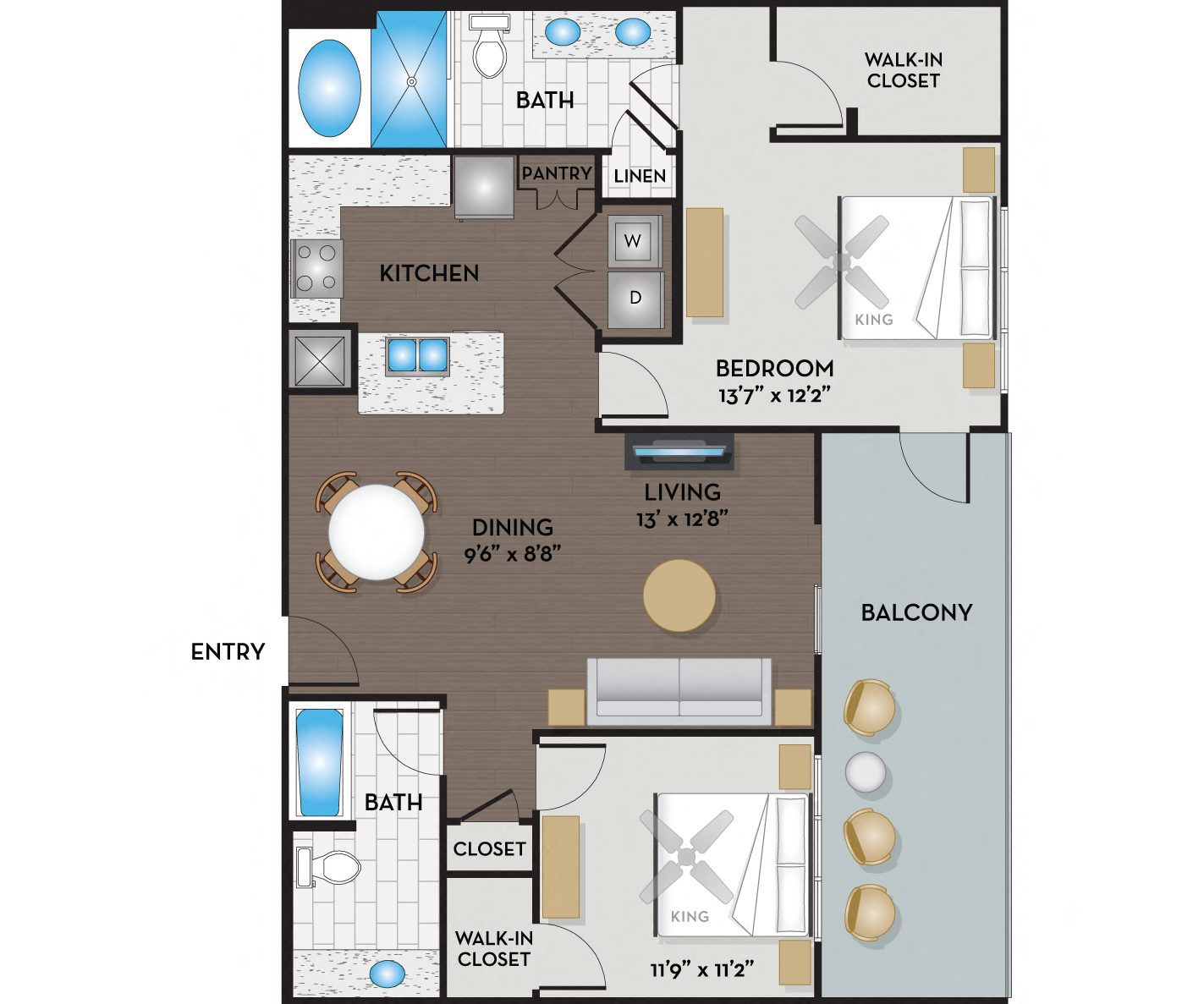 Floor plan for 2 beds, 2 baths, 1155 sqft