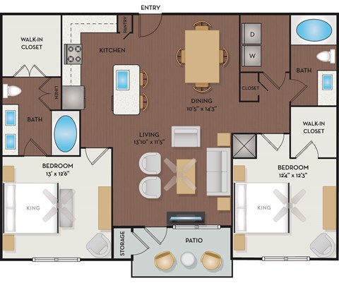 Floor plan for 2 beds, 2 baths, 1251 sqft