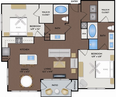 Floor plan for 2 beds, 2 baths, 1165 sqft