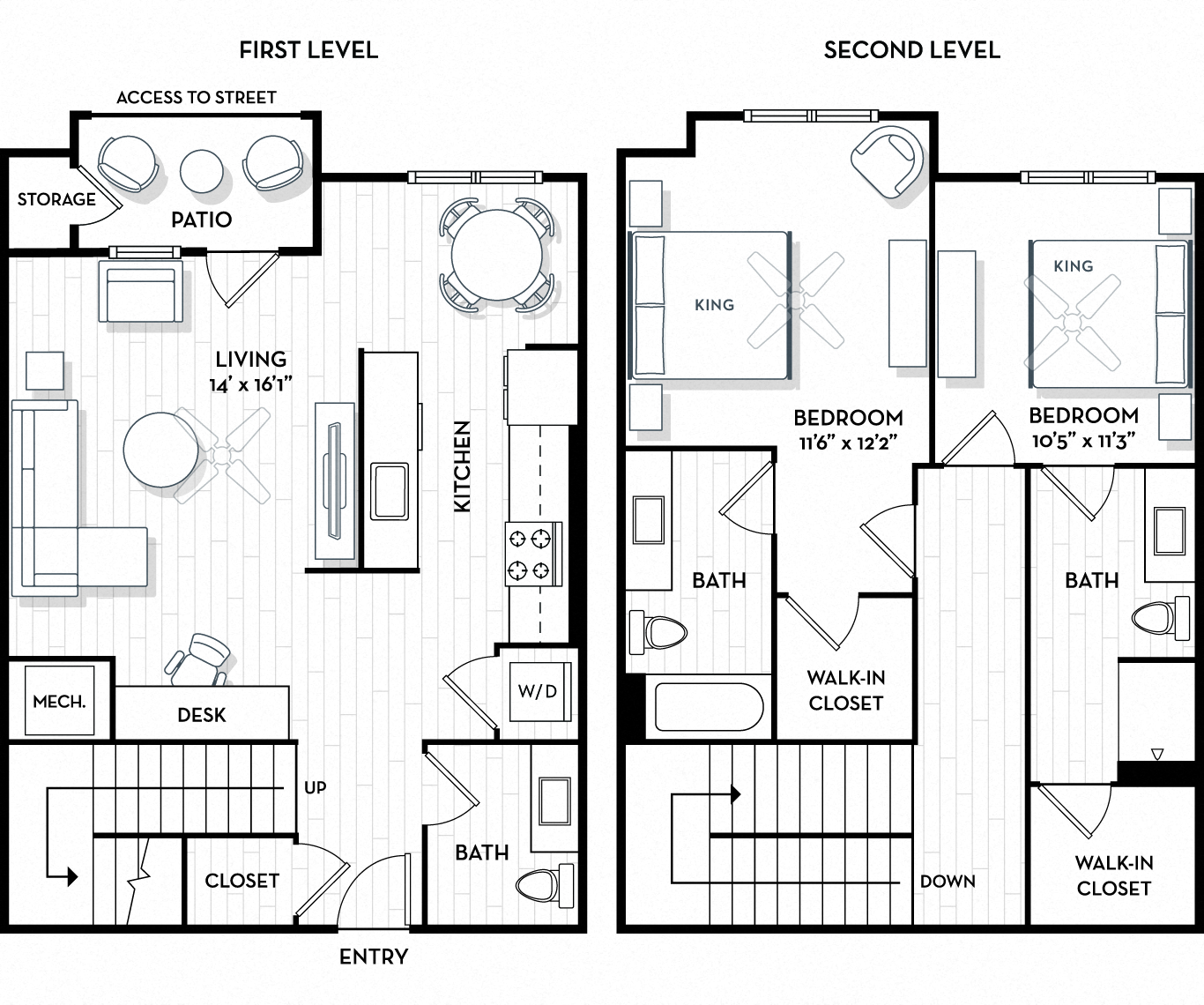 Floor plan for 2 beds, 2.5 baths, 1492 sqft