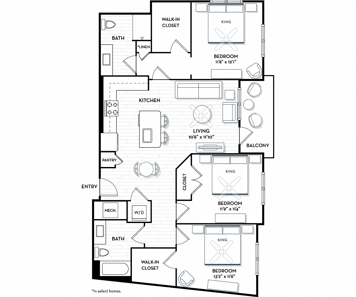 Floor plan for 3 beds, 2 baths, 1521 sqft