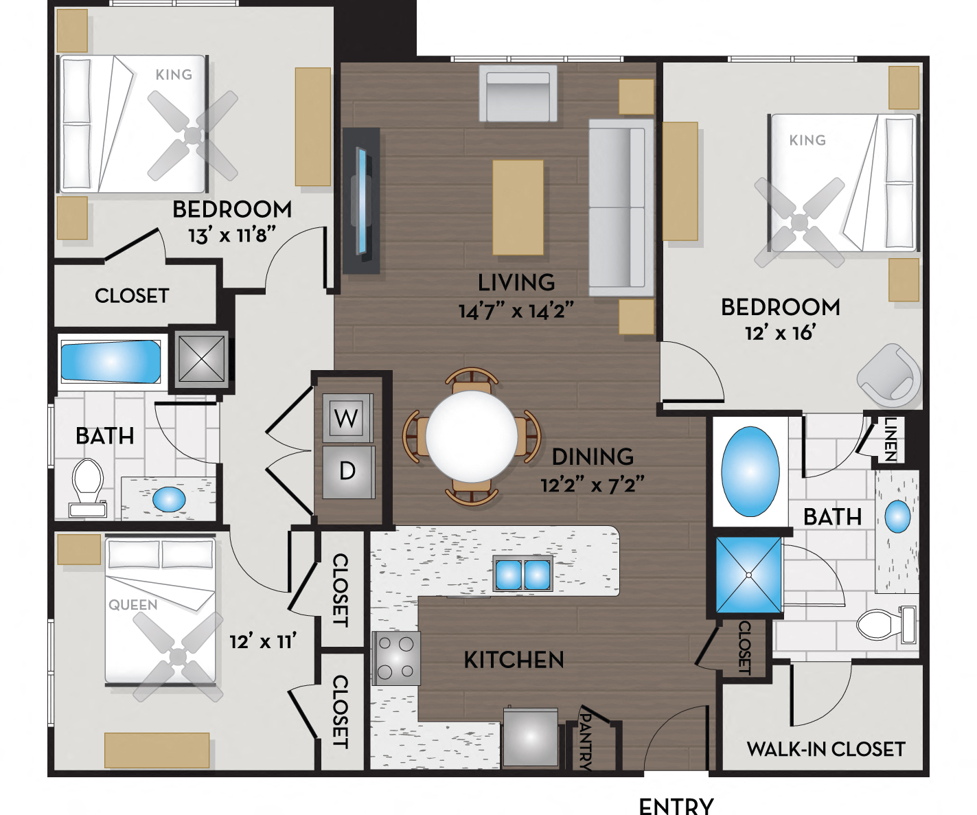 Floor plan for 3 beds, 2 baths, 1387 sqft