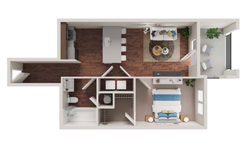 Floor plan for 1 bed, 1 bath, 585 sqft