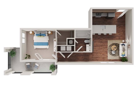 Floor plan for 1 bed, 1 bath, 679 sqft