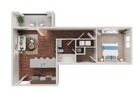Floor plan for 1 bed, 1 bath, 667 sqft