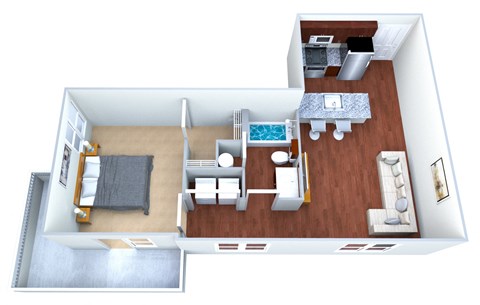 Floor plan for 1 bed, 1 bath, 678 sqft
