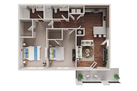Floor plan for 2 beds, 2 baths, 910 sqft
