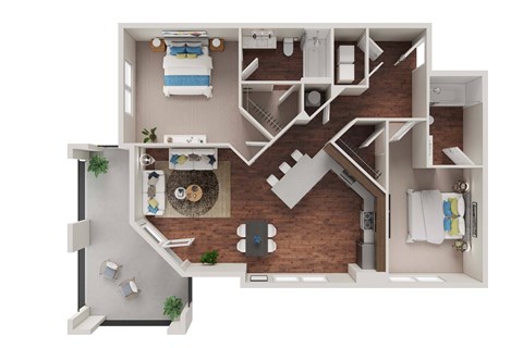 Floor plan for 2 beds, 2 baths, 932 sqft