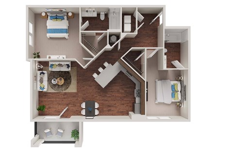 Floor plan for 2 beds, 2 baths, 956 sqft