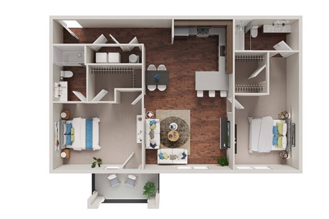 Floor plan for 2 beds, 2 baths, 1037 sqft