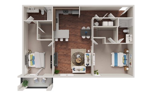 Floor plan for 2 beds, 2 baths, 1077 sqft